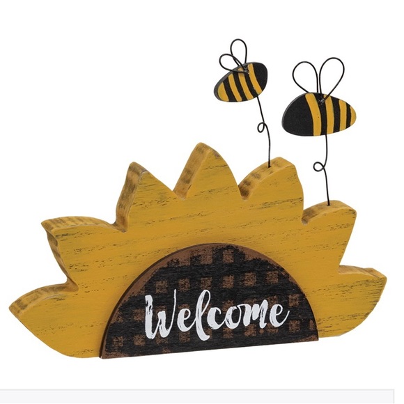 *Distressed Wooden “Welcome” Sunflower Shelf Sitter with Bees - Picture 3 of 13